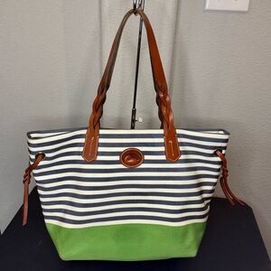 Dooney & Bourke Nylon Shopper Tote Green/Navy Blue Stripes